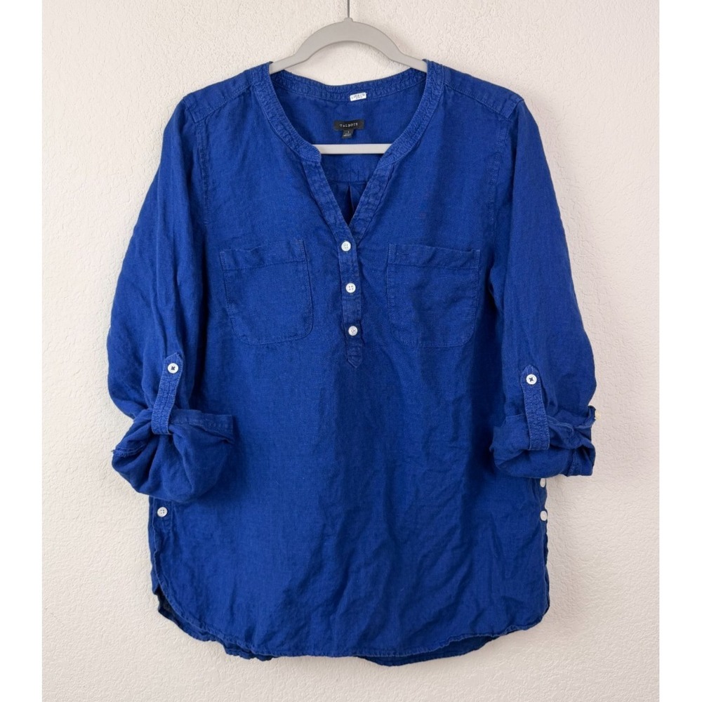 Talbots 100% Linen Popover Top Tunic L Indigo Blue Roll Tab Sleeve Coastal Beach